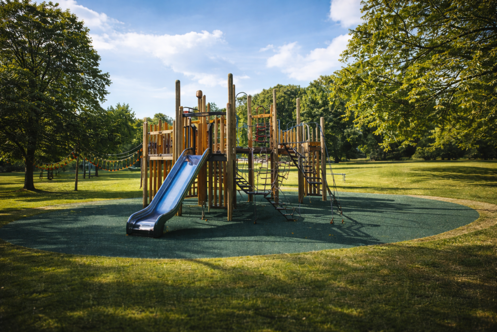 Wooden playground in a leafy Liverpool park