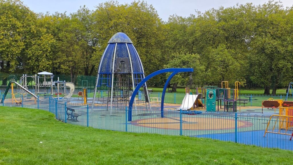 Sefton Park Playground, Liverpool, with its rocket climbing tower Sefton Park Playground, Liverpool, with its rocket climbing tower