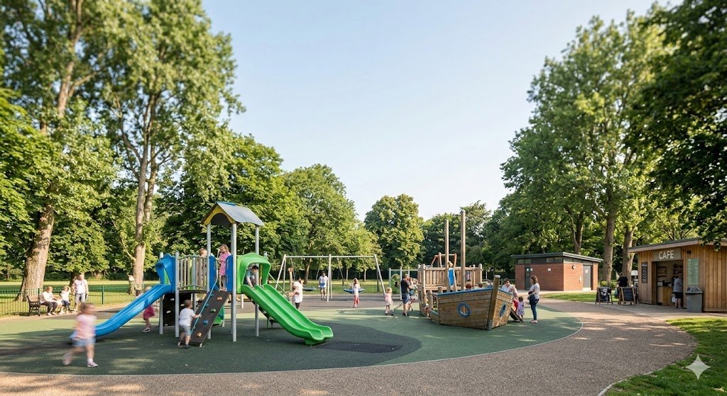 Playground with slides and climbing frames in a Liverpool park