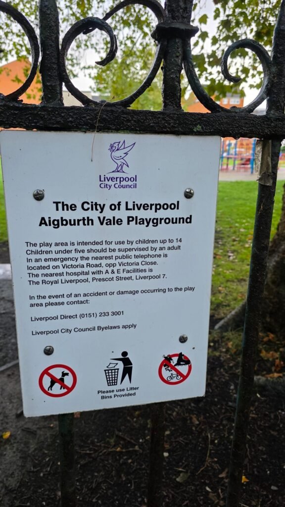Aigburth Vale Playground council sign, Liverpool Aigburth Vale Playground council sign, Liverpool