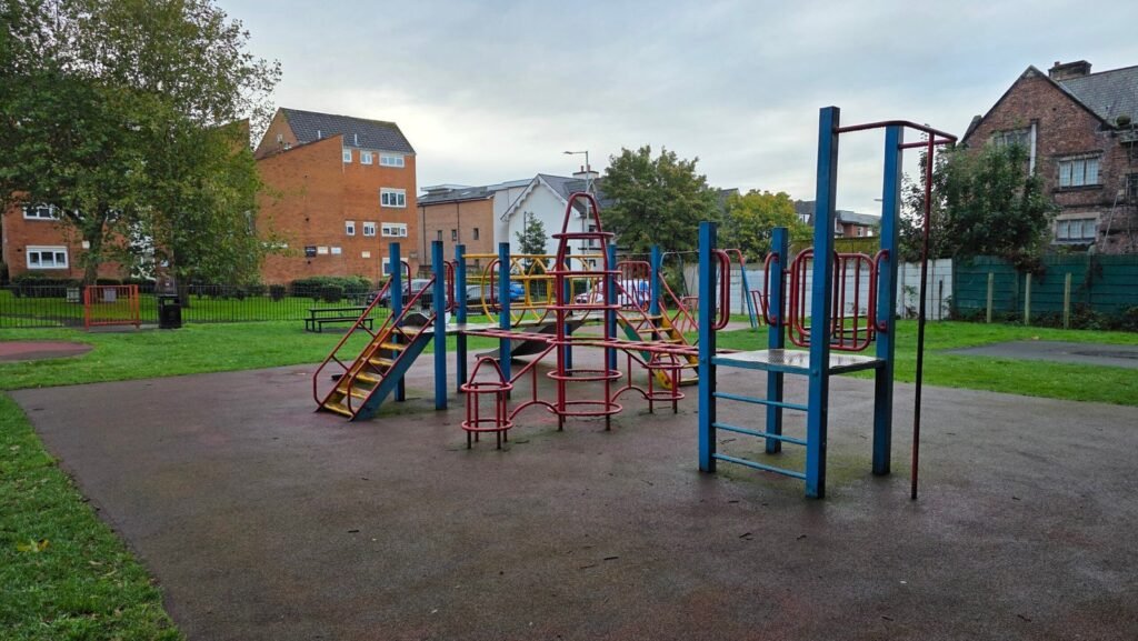Climbing frame and slide at Aigburth Vale Play Area, Liverpool Climbing frame and slide at Aigburth Vale Play Area, Liverpool
