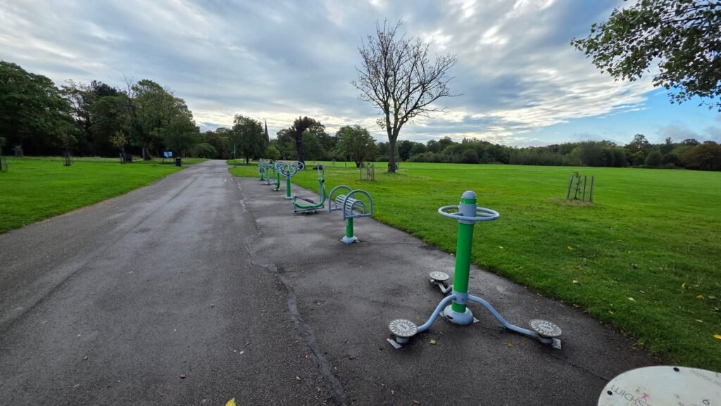 Outdoor fitness equipment along the path in Princes Park, Liverpool Outdoor fitness equipment along the path in Princes Park, Liverpool