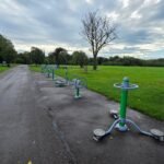 Outdoor fitness equipment along the path in Princes Park, Liverpool Outdoor fitness equipment along the path in Princes Park, Liverpool