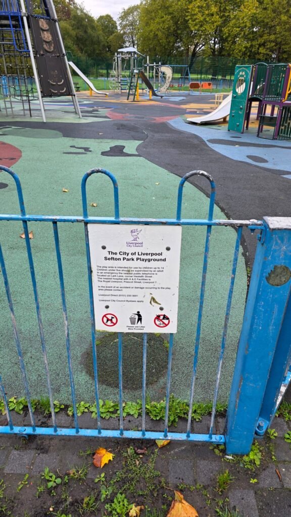 Sefton Park Playground entrance and council sign Sefton Park Playground entrance and council sign